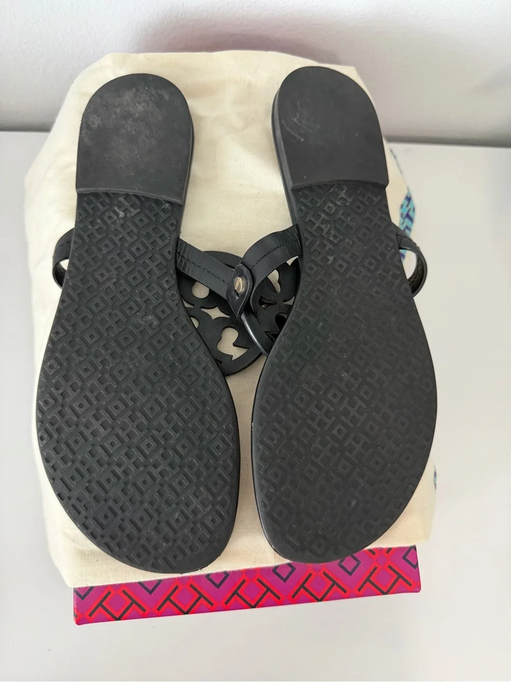 Tory Burch Black Miller Logo Thong Sandals with Gold Studs